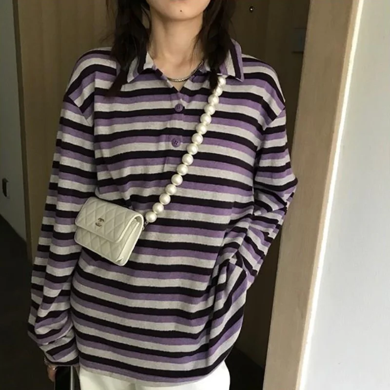 

QWEEK Vintage Stripe Print T-shirts Women Harajuku Tshirt Y2k Purple Graphic Tees Korean 2021 Fashion Long Sleeve Tops E Girl