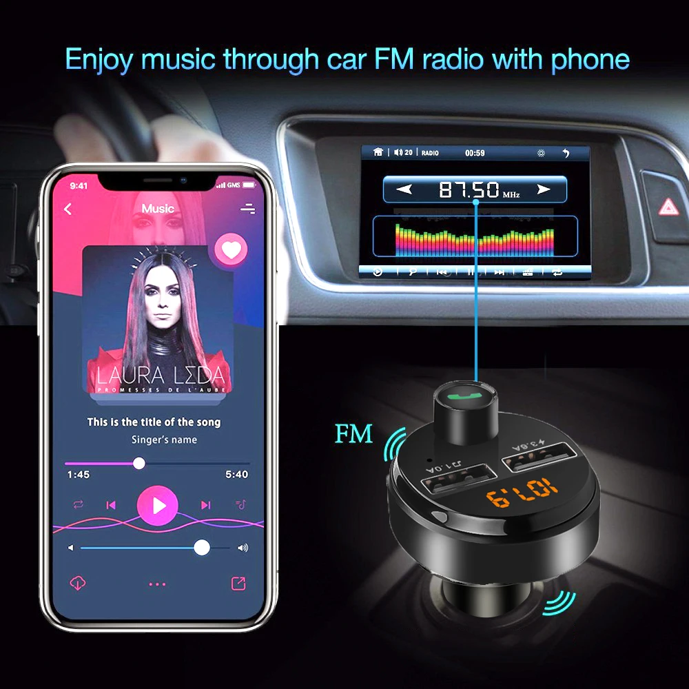 Автомобильный FM-трансмиттер 4.6A модулятор Bluetooth Handsfree аудио USB AUX TF-карта mp3-плеер