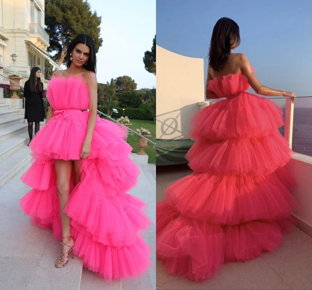

High Low Prom Dresses Cocktail Party Dress With Sash Tiered Cake Skirts Celebrity Dress Evening Gowns Vestidos De Fiesta Rochii