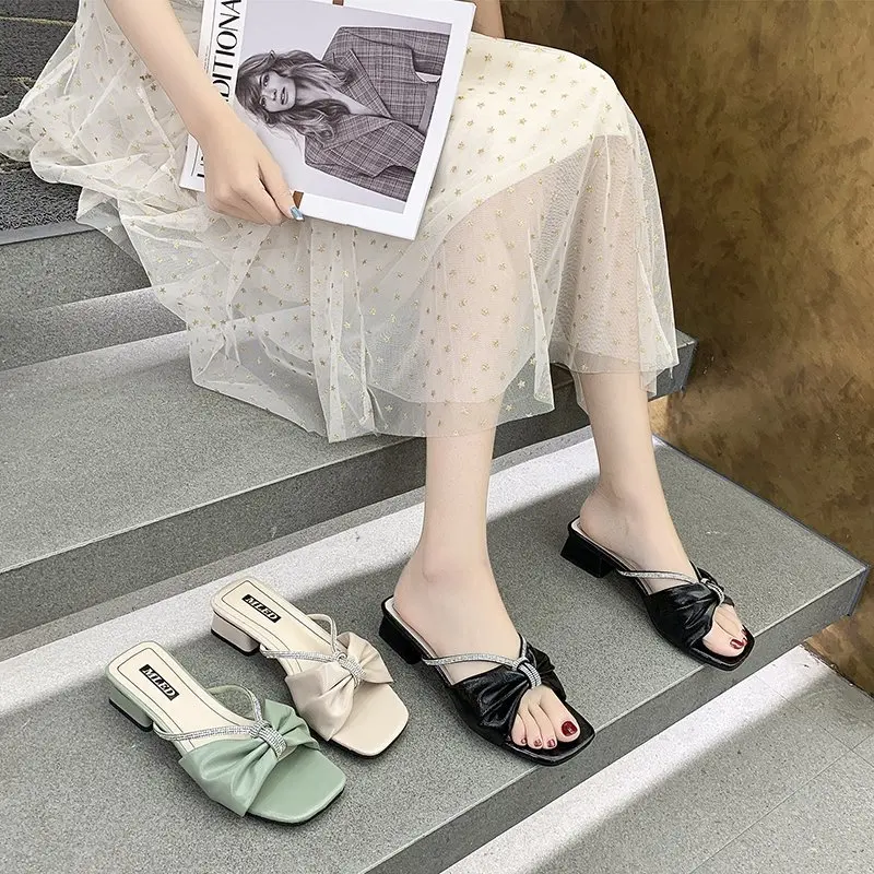 

Shoes Low Ladies' Slippers Butterfly-Knot Square Toe Luxury Slides Slipers Women Designer Soft 2021 Summer Rubber Casual Hoof He