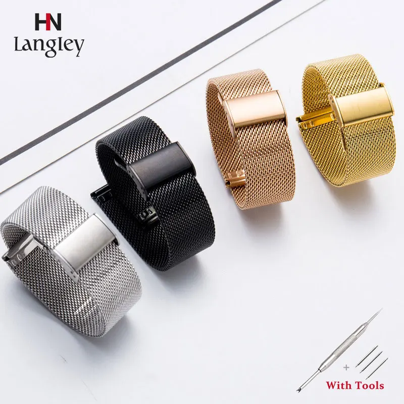 

Universal Milanese WatchBand men women Flat Interface Huawei Buckle Mesh Strap Stainless Steel Loop Bracelet 16mm 18mm 20mm 22mm