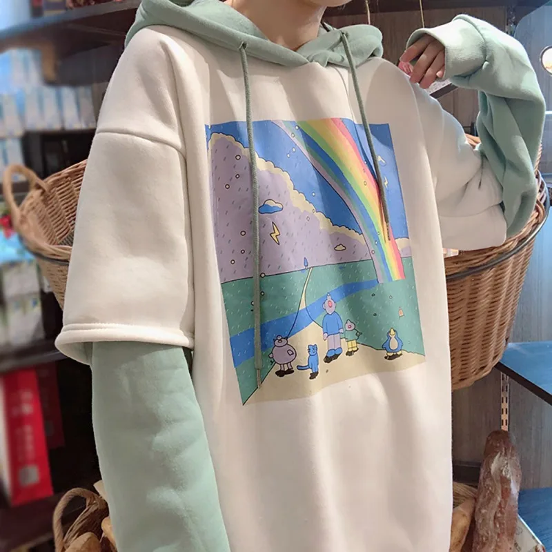 Average Size Hoodies Print Rainbow Sweatshirts Hooded Harajuku Spring Casual Vintage Korean Pullovers Women Sweetshirts
