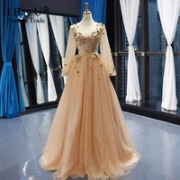 sparkly glitter sequin evening dress 2020 long sleeves 3d flower gold arabic dubai formal evening gown prom dress robe de soiree