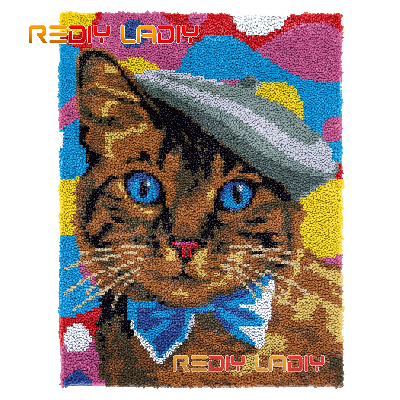 

Latch Hook Rug Kits Cat with Bowtie Seat Cushion DIY Carpet Rug Chunky Yarn Arts Crochet Wall Tapestry Knotted Floor Mat Crafts