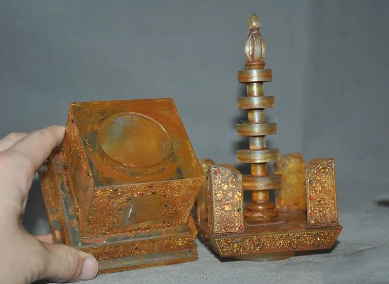 

wedding decoration 9"Tibet Crystal Inlay Gem Stupa Master Buddha's Relics Shariputra Sharipu Statue