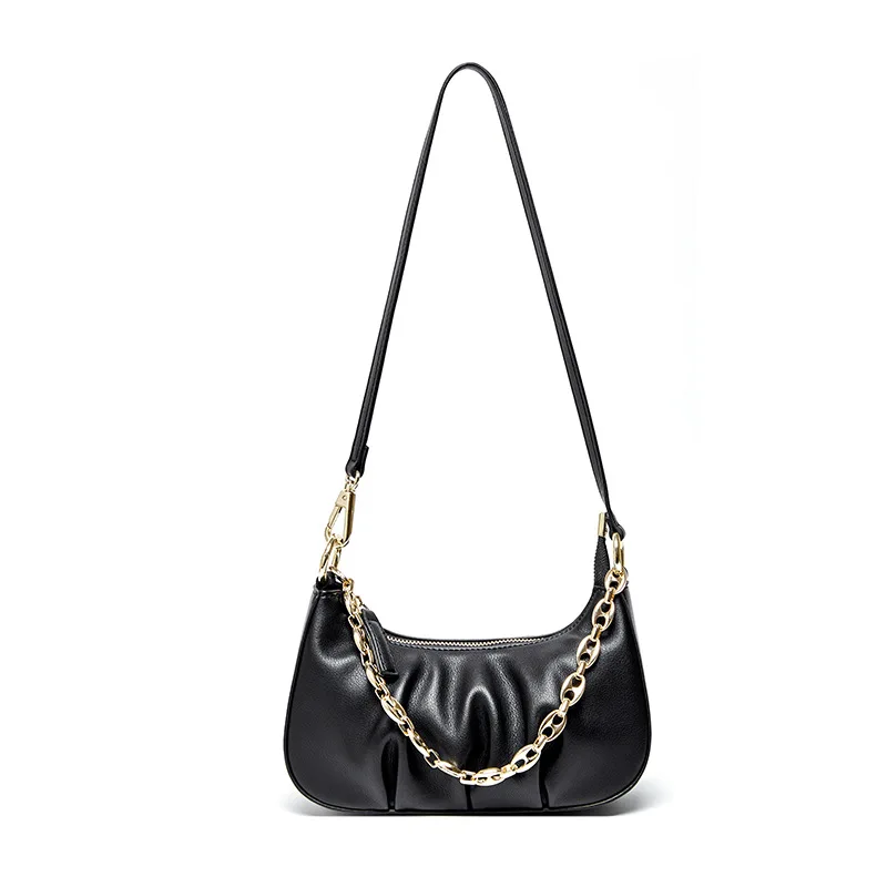 

Wmnuo OL Underarm Bag Women Chain Office Genuine Leather Hobos Handbags For Female Ruched Designer Single Shoulder Crossbody Bag