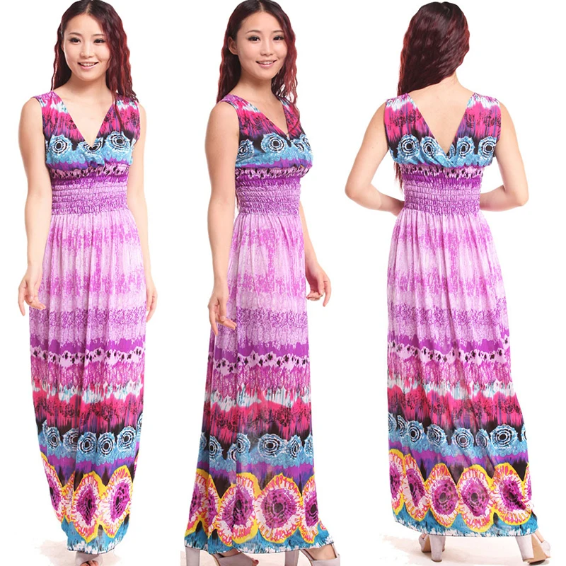 Женское богемное платье с V образным вырезом длинное пляжное принтом без рукавов