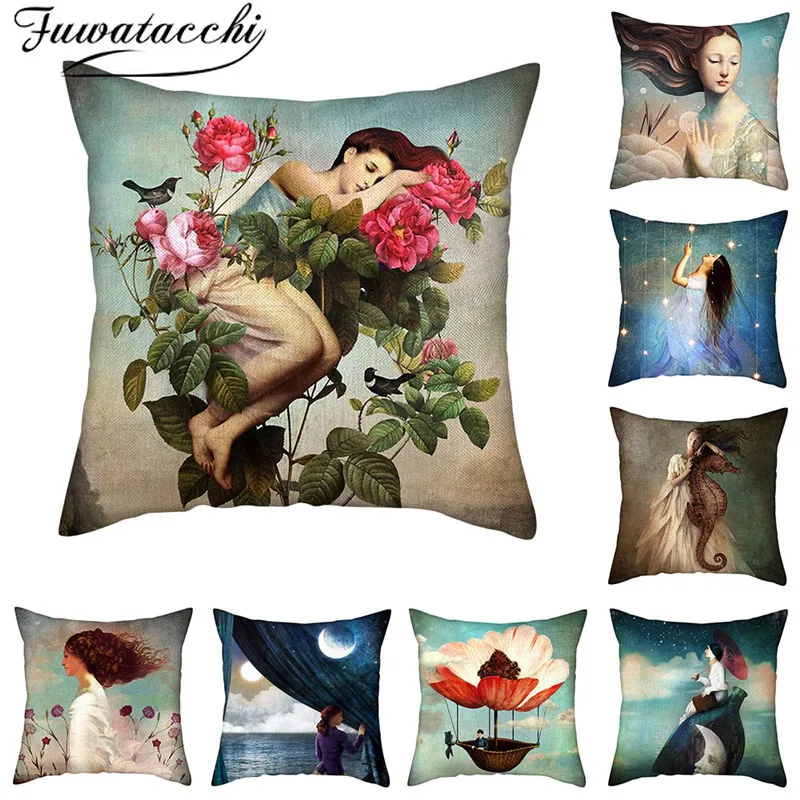 Чехол для подушки из чистого льна Fuwatacchi наволочка с мультяшным рисунком