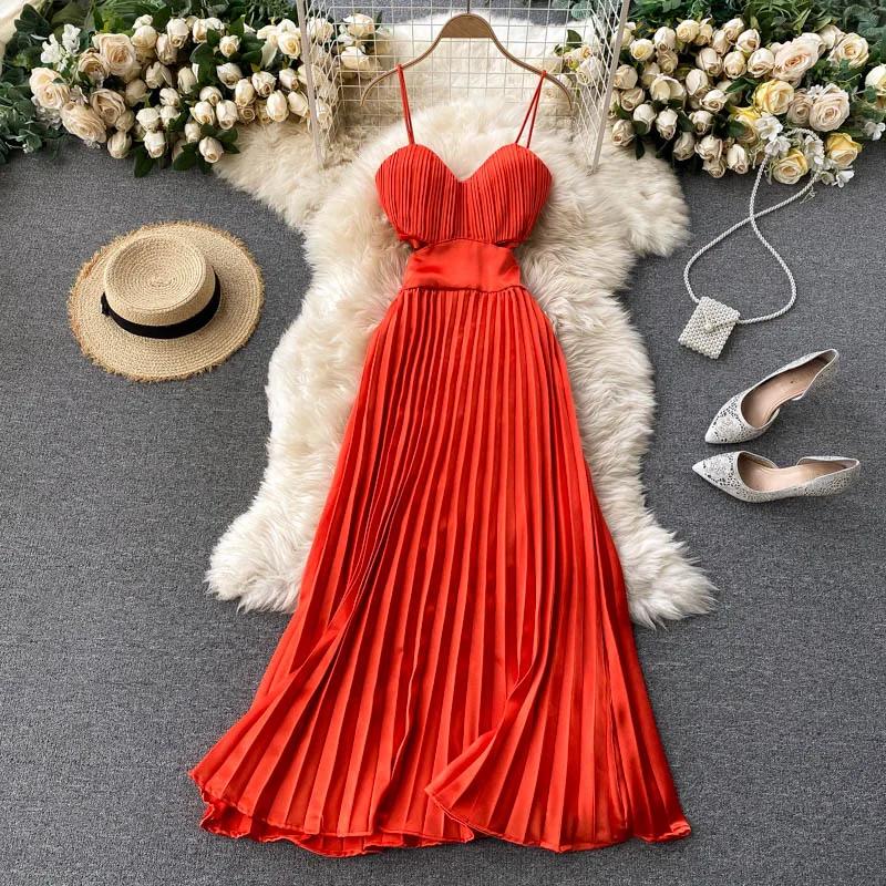 

ALPHALMODA 2021 Summer Beach Pleated Sling Dress Hollowed Out Waist Sexy Suspender Dress Women High Waist Sexy Chiffon Dress