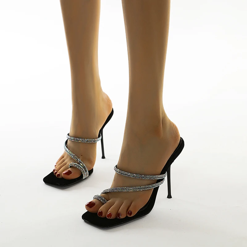 

Plus Size 35-42 Square Toe Rhinestone Women Slippers Clip Toe Sandals Stiletto Crystal High Heels Casual Slides Shoes For Women
