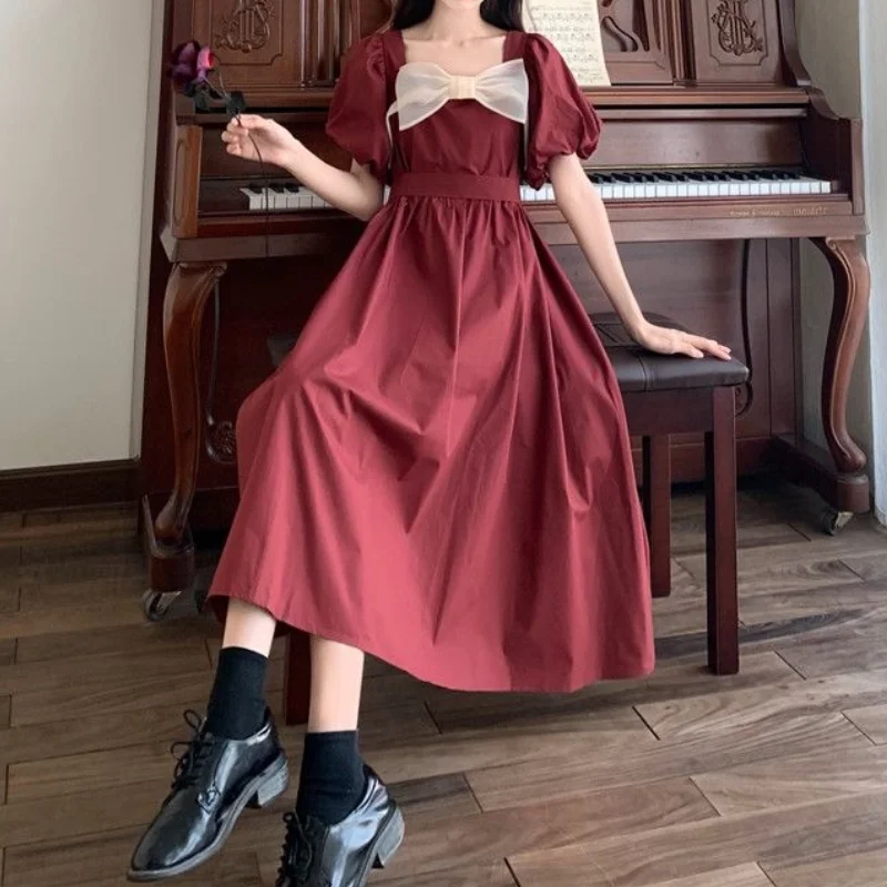 

HOUZHOU Dress Woman Red Wine Vintage Elegant Long Dress Kawaii Cute Sweet Sundress Bandage Plus Size 2021 Fashion Women