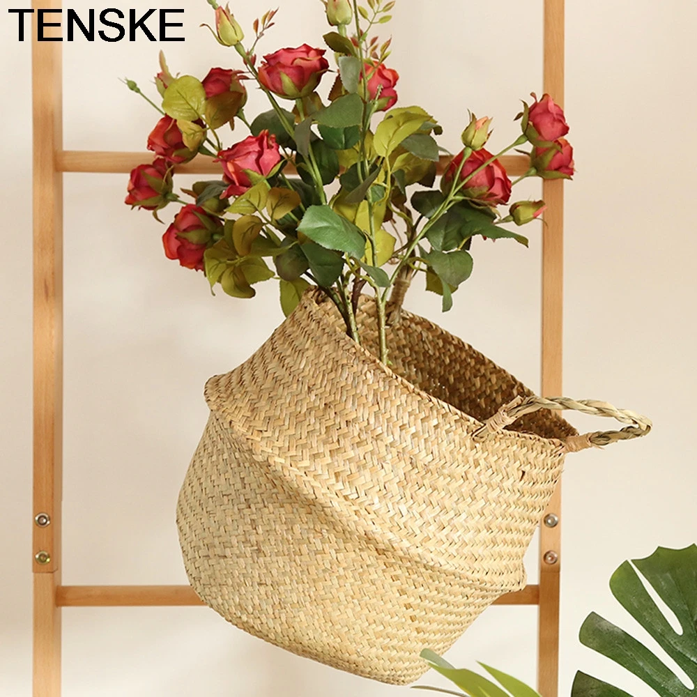 TENSKE бамбуковые корзины для хранения, складные корзины для белья, плетеные корзины из ротанга, цветочный горшок для живота, корзины ручной работы