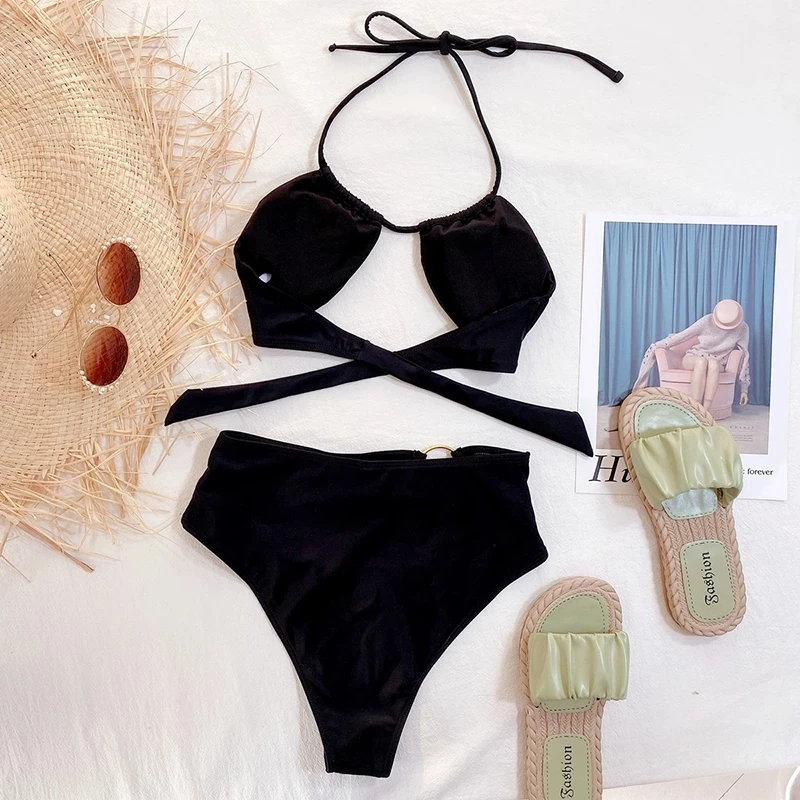 

cut out swimwear Halter bikini Female bandage Swimsuit swimwear high waisted Two-pieces Bikini set Black suit swimming ring