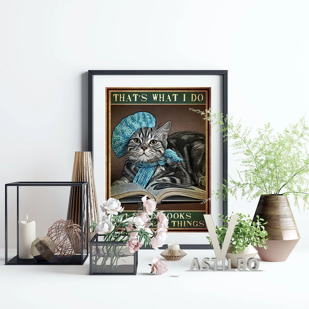 

Woolen Hat Lovely Kitten Canvas Painting Poster Read Books Positive Energy Quotations Wall Stickers Cats Lovers Gift Idea Decor