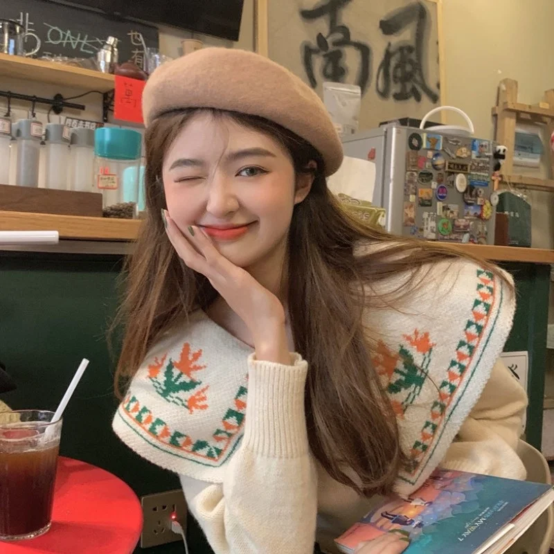

Women 's Korean-style Embroidered Peter Pan Collar Sweater Retro Japanese Lazy Chic Early Autumn Top Sweet College Style Rac