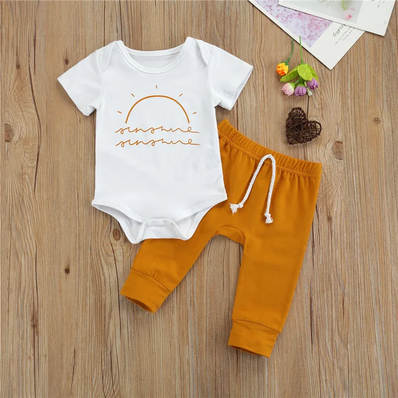 

Baby Girl\u2019s Clothes Cartoon Sunrise Print Short Sleeve Romper Pants 2pcs Cotton outfits Infant Toddler Girl Boy Clothes
