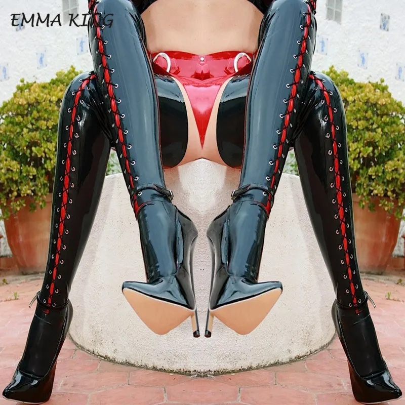 style 8 Emma king/Сапоги выше колена с острым носком пикантные женские сапоги до бедра на высоком каблуке с перекрестной шнуровкой; сезон осень-зима; женская обувь черного цвета - Цвет: style 8