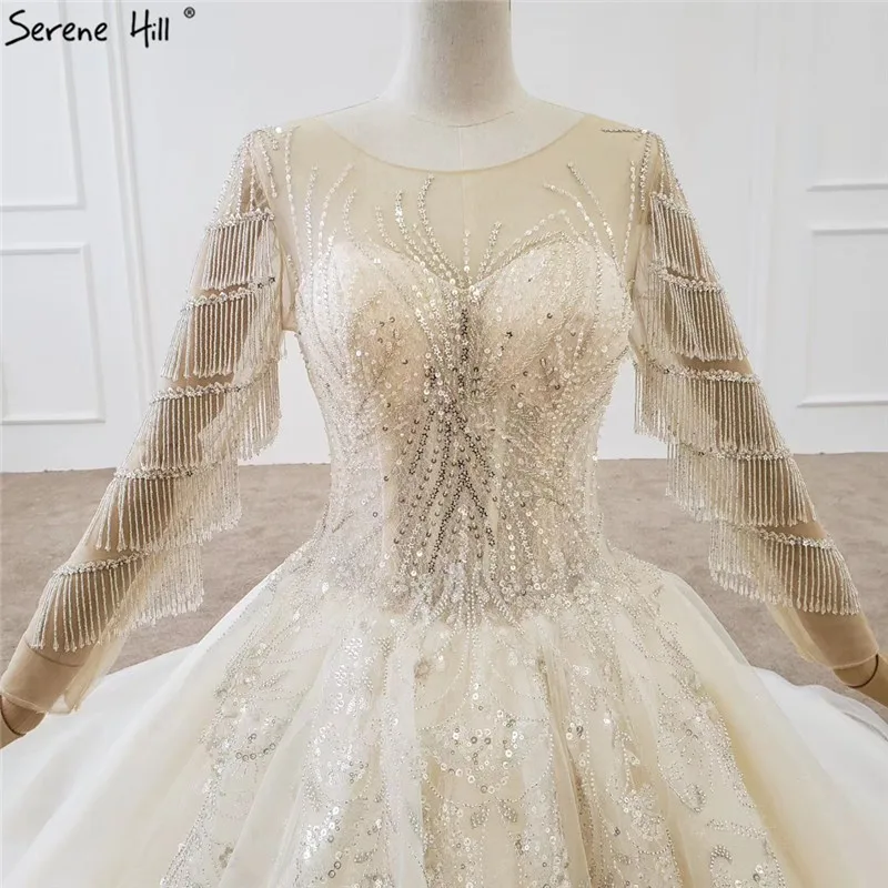 Свадебное платье цвета шампанского с длинными рукавами 2021 круглым вырезом