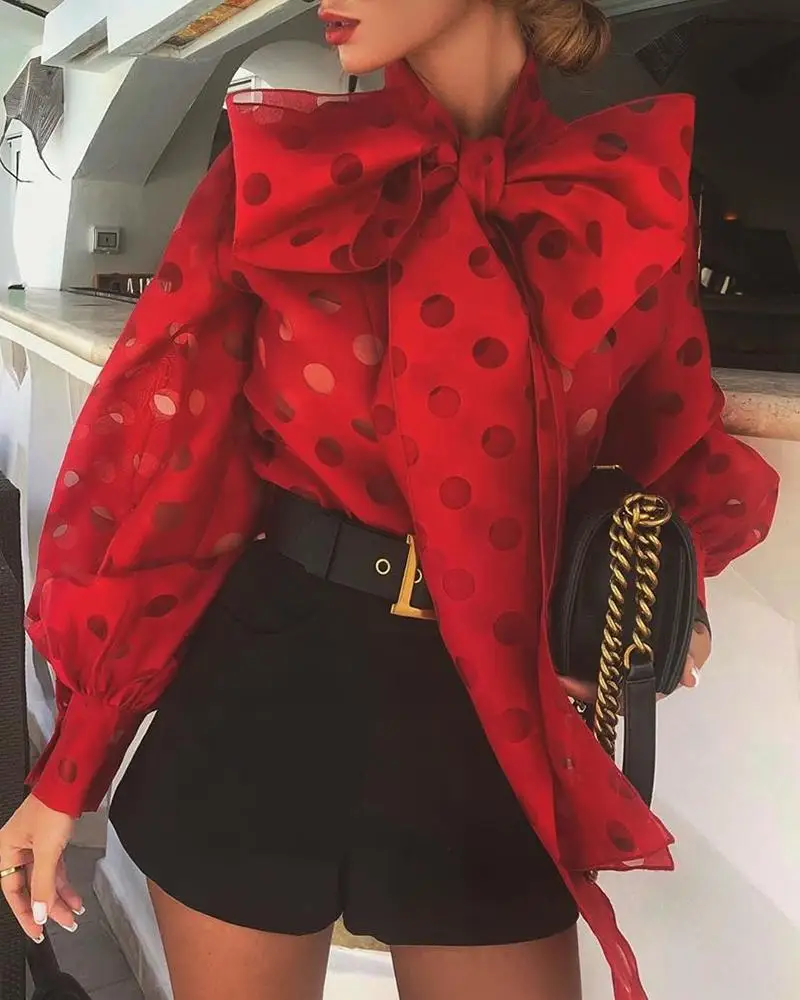 Милый галстук бабочка в горошек открытая блузка с рукавом фонариком женская топы