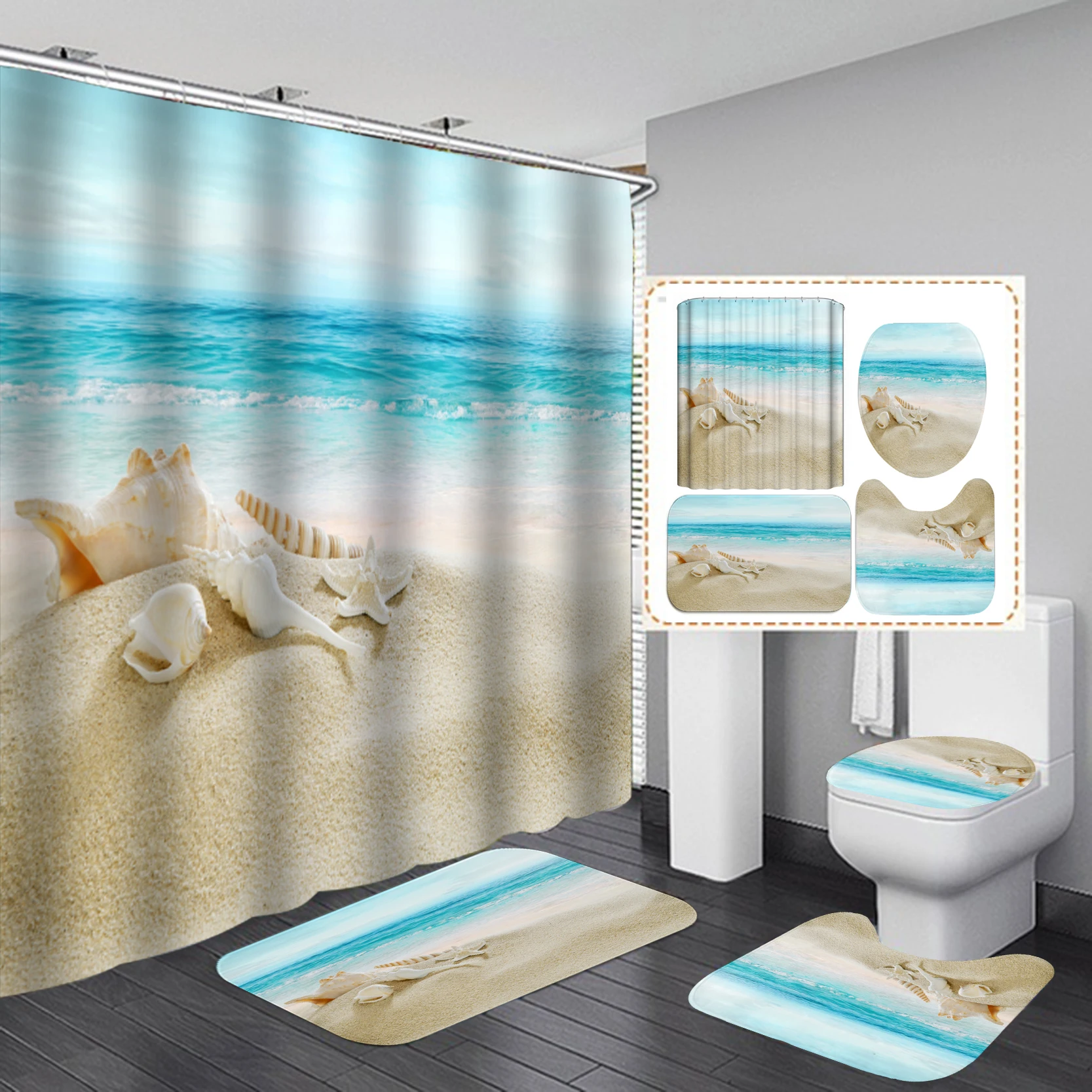 New Starfish Shell Bathroom Curtain Summer Shower Curtains Sets Non Slip Beach Style Pattern Toilet Polyester Cover Mat Set | Дом и сад