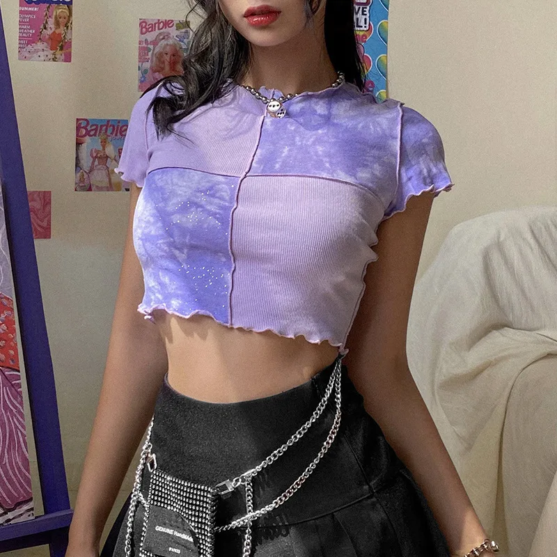 

E-girl Y2k Chic Crop Tops Tees Tie Dye With Sequin Patchwork Women Summer T-shirts Ruffles Hem Purple Or Bule Clothes