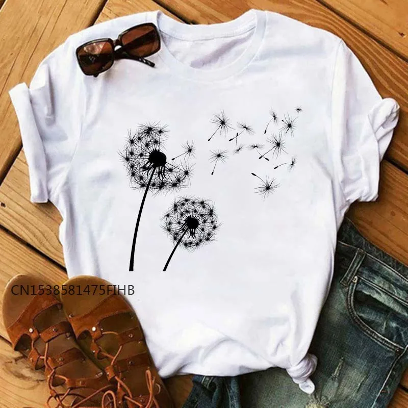 

New Cute Dandelion Soft Printed Women T Shirt Cartoon Graphic Soft Printed White Ladies T-Shirt Woman Shirt Funny Tees Shir