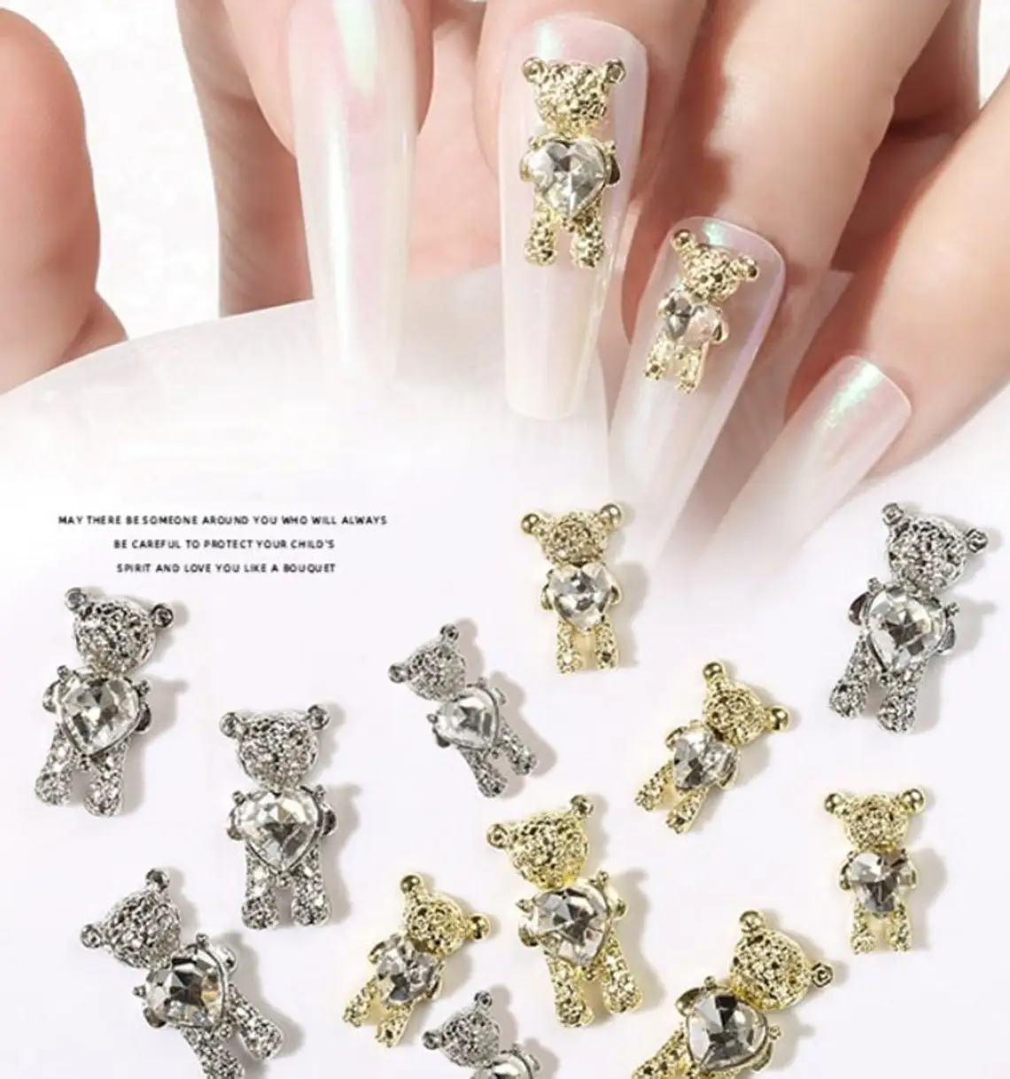 

Crystal Heart Teddy Bear Nail Charms 10Pcs Teddy Bear Charms 3D-10 Nail charm Metal Teddy Bear Rhinestone Gold Nail Art Charm