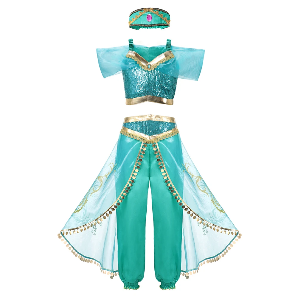 Disney Jasmine Princess Dress Mesh Aladdin Cosplay Costume For Girls Halloween Party Outfits Kids Sequins Role Clothing 3pcs Set