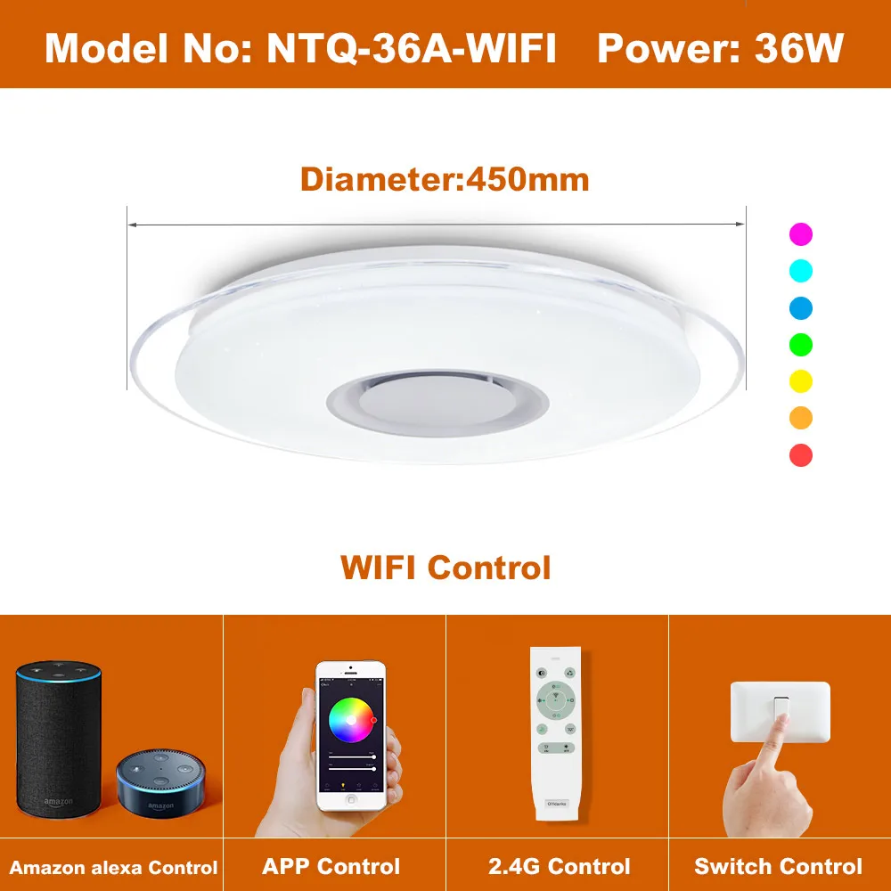 450 WIFI music 36W Умный светодиодный потолочный светильник RGB с регулируемой яркостью 25 Вт 36 Вт 52 Вт, управление через Bluetooth и музыку, современный светодиодный потолочный светильник для гостиной/спальни 220 В - Цвет корпуса: 450 WIFI music 36W