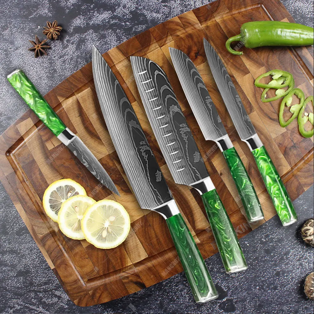 

MANCROZ Kitchen Knife Set Resin Handle Laser Damascus Pattern Chef Knife Sharp Santoku Cleaver Slicing Knives Japanese Kitchen