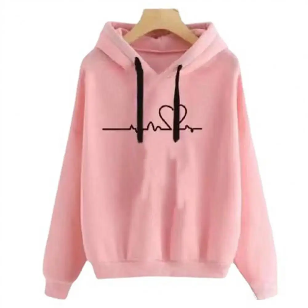 

Women Hoodie Heart Print Drawstring Autumn Winter Solid Color Long Sleeve Hooded Sweatshirt Women for Daily Wear Pullover Top