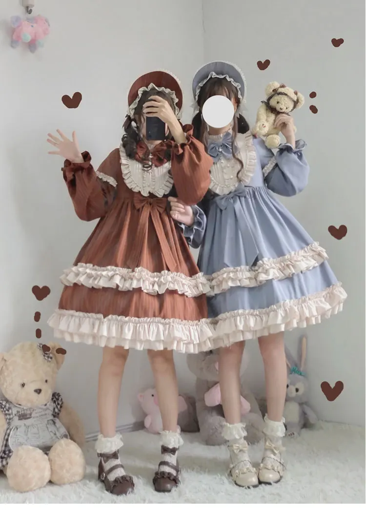 Coco  Milk Shake Original Design Cute Women's Girls Bows Lolita OP Dress Winter Long Sleeve &  BNT Hat One Piece