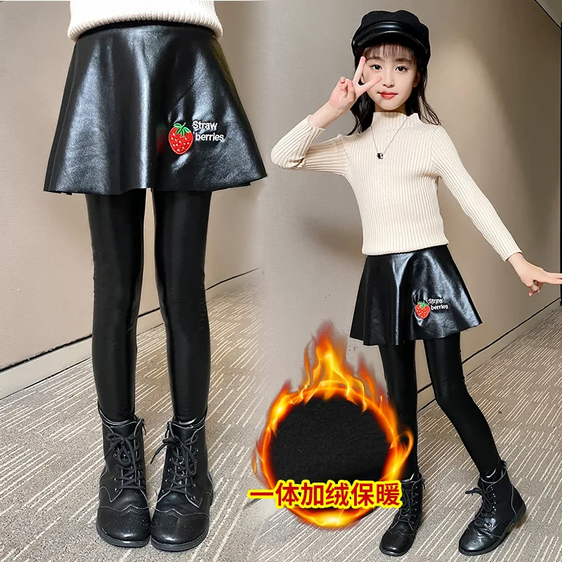 

Юбка-штаны для девочек 4-10 лет, Осень-зима 2021, детские модные леггинсы, Симпатичные кожаные брюки-кюлоты с клубничкой для девочек