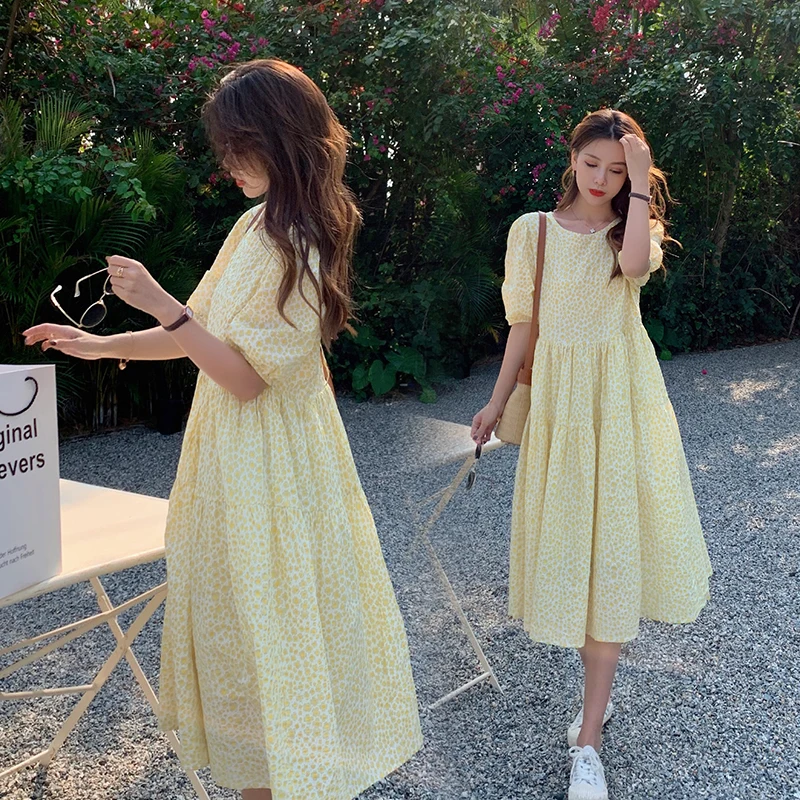 

8028# Summer Fashion Chic Ins Floral Printed Maternity Long Dress Elegant A Line Slim Waist Loose Clothes for Pregnant Women