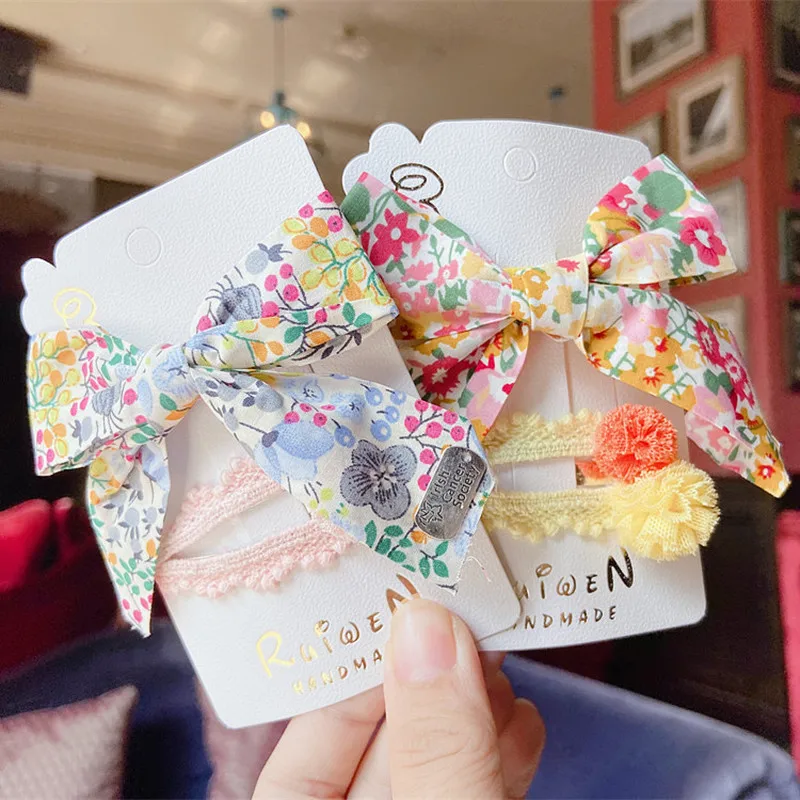 

2 Pcs Simple Fresh Floral Fabric Bow Duckbill Clip Fashion Sweet Girl Children Cute Yarn Ball Lace BB Clip Hair Accessories