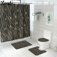 zeegle bathroom carpet rug golden leaves printing shower curtain and home decor bath mat set memory foam toilet seat cover mat