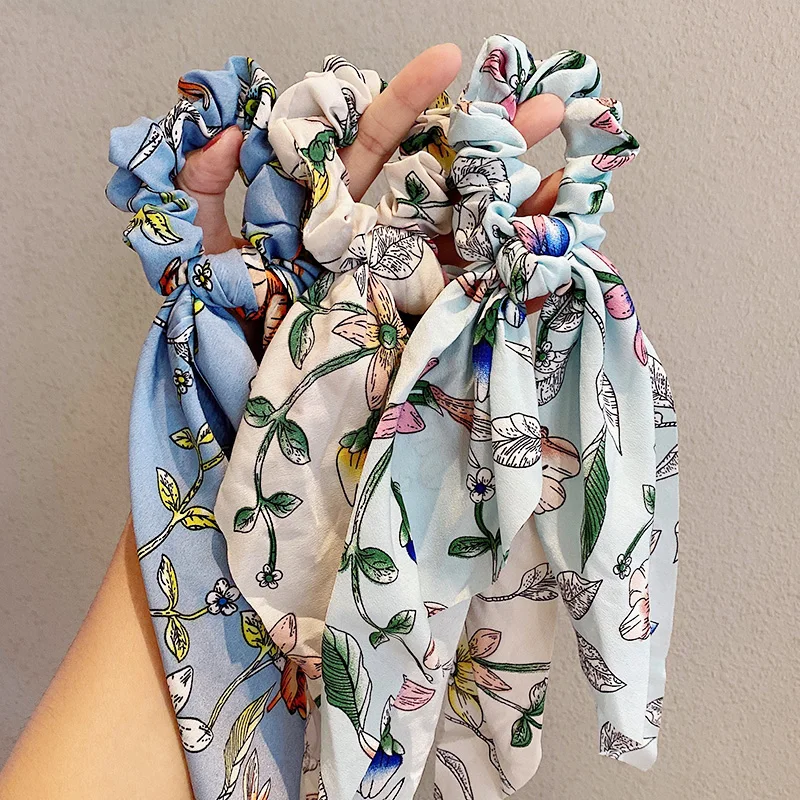 

Fashion Women Elegant Print Floral Ribbon Streamers Scrunchie Ponytail Holder Tie Sweet Rubber Band Headband Hair Accessories