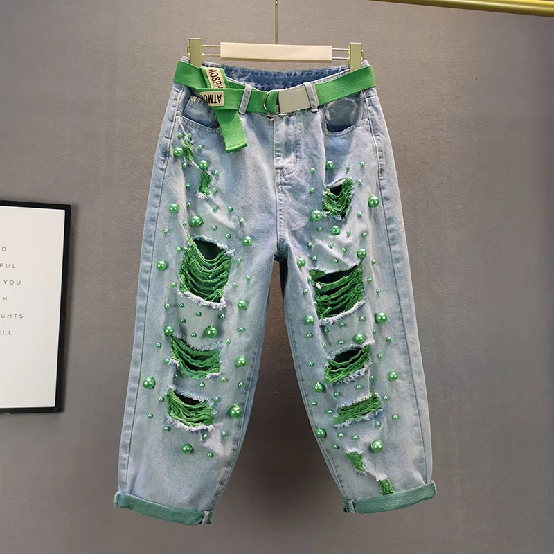 

2021 Summer New Loose Jean Pants for Women Beading Ripped High Waist Denim Pants Woman Jeans Plus Size Holes Jeans Femme Pants