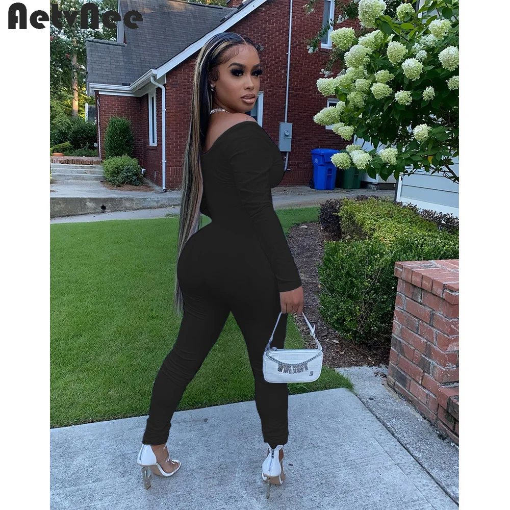 

AetvNee Solid Stretchy Bodycon Jumpsuits Women 2021 Fall Square Neck Long Sleeves Rompers Casual Overalls Street Sporty Clothing