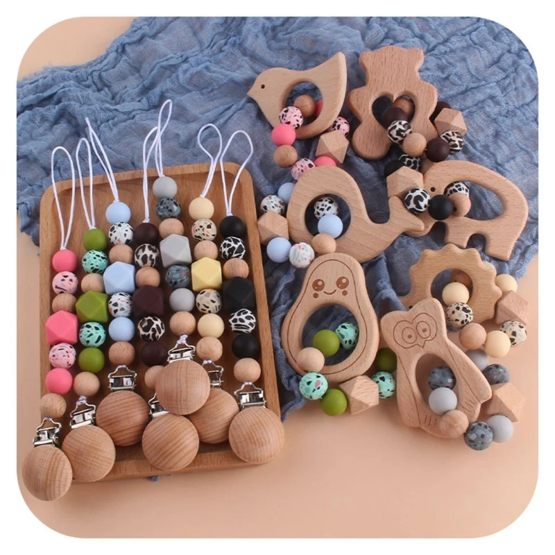 

2 Pcs/Set Baby Infants Pacifier Chain Beech Wooden Bracelet Teether Nipple Dummy Clip Holder BPA-Free Beads Teething Soother Mol