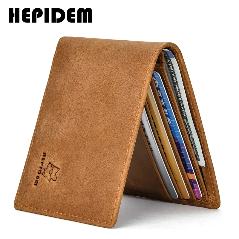 

HEPIDEM RFID High Quality Crazy Horse Genuine Leather Slim Wallet 2020 New Front Pocket Money Dollar Bill Purse for Men 116
