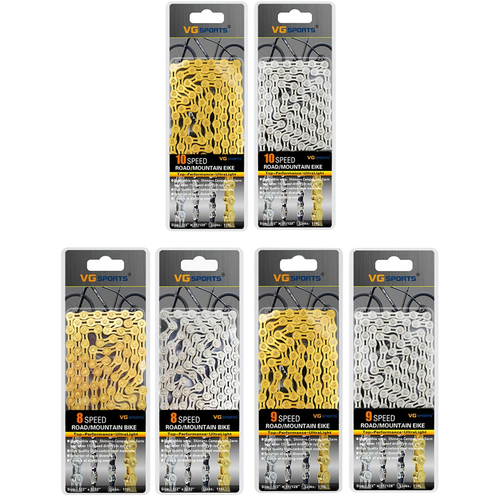 

VG Sports Bicycle Chain 116 Links 9/8/10s MTB Road Bike Half Hollow Chain Golden Silver Cycling Mountain Bike Chains