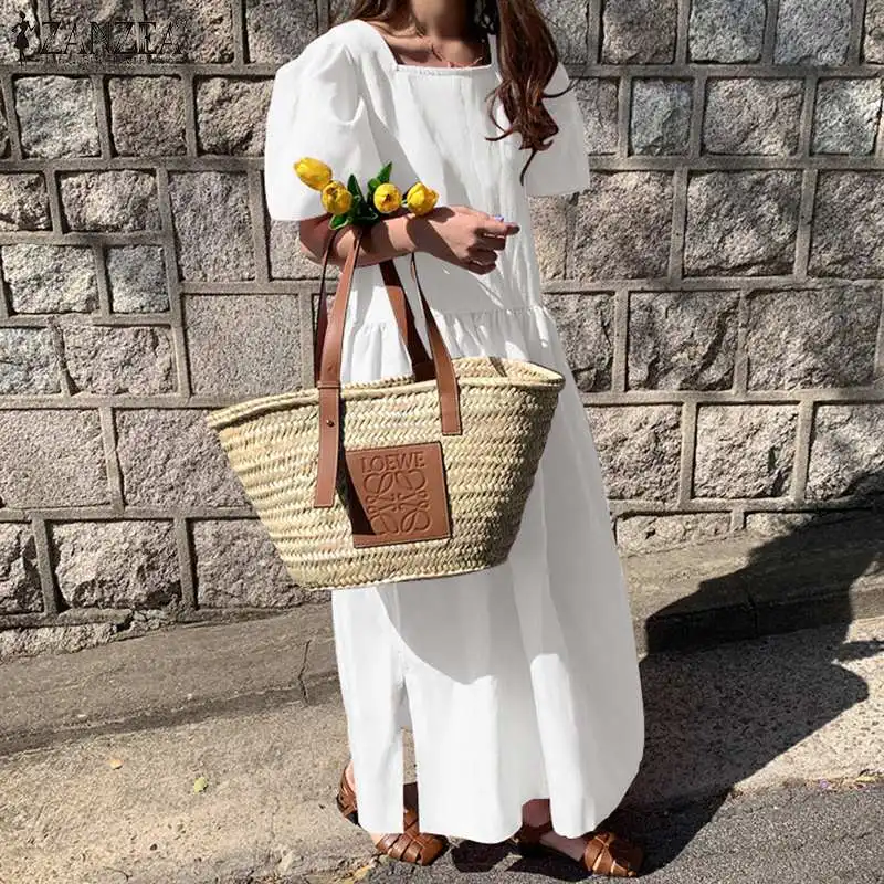 

Платье ZANZEA женское с квадратным вырезом, стильный Повседневный Однотонный сарафан с расклешенным рукавом, большие размеры, лето 2022