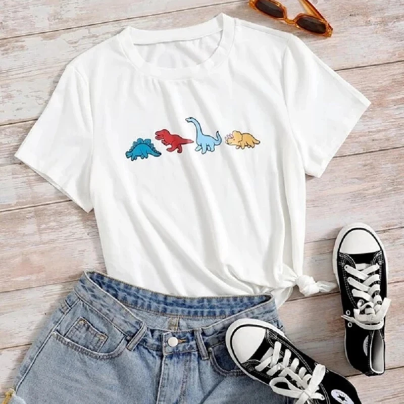 

Japanese Fashion Kawaii Cute Women T-Shirt Cartoon Dinosaur Graphic Tee Casual Funny Aesthetics Anime Female Top