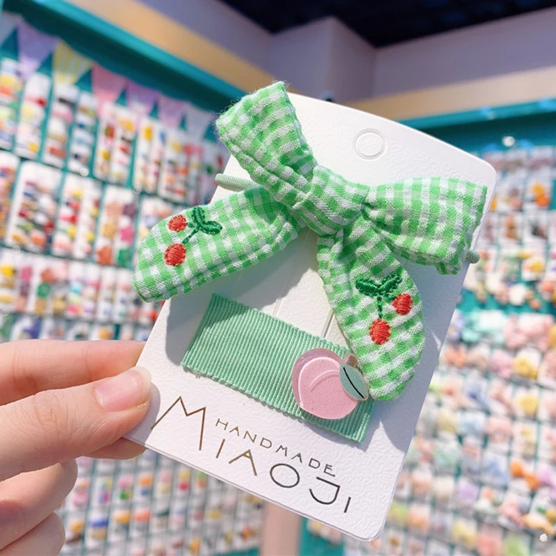 2Pcs/Set Kids Cartoon Hair Accessories Cherry Fruit Elastic Band Hairpins Headwear Set Girls Plaid Bow Clips Headdress |