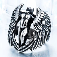 vintage silent guardian angel wings big size wing ring stainless steel cross michael rings for men man gift of jewelry