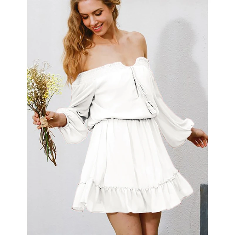 

Summer Boho Chiffon Dress Slash Neck Lantern Long Sleeve Beach Dress Women Ruffle Sexy Party Vintage Dresses