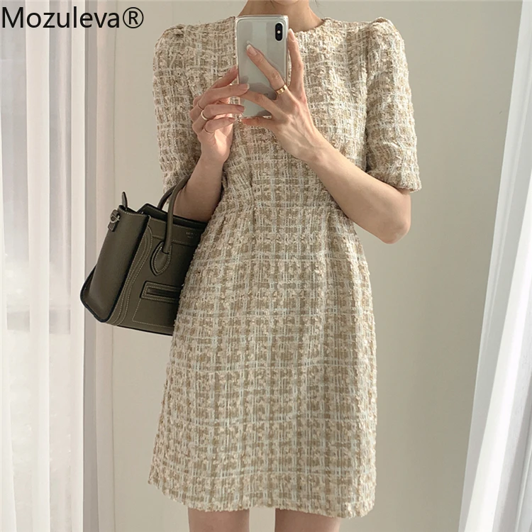 Женское винтажное мини платье с высокой талией повседневное клетчатое пышными