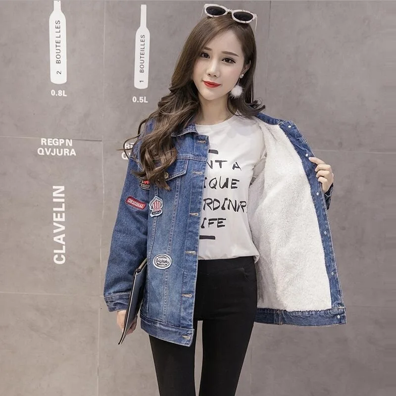 2019 зимние теплые джинсы с мехом Женская куртка-бомбер синяя джинсовая куртка