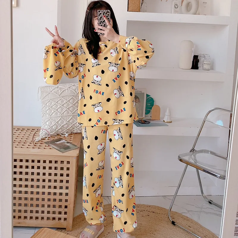 

Cloth Bag Pajamas Women's Spring and Autumn Long Sleeve Thin Student Loose Outfit Size Eye Cow Korean Style Home Wear Can Be